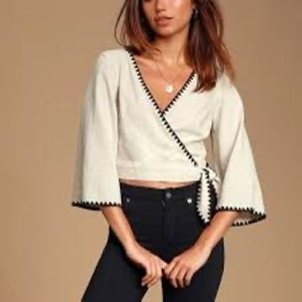 Lulu's Cream Wrap Crop Top with Black Trim